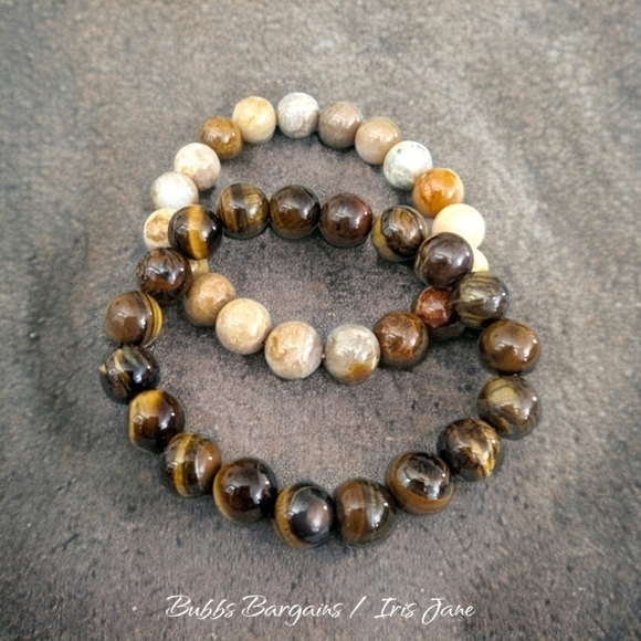 Tiger Eye & Coral Jade Bracelet Stack - 10mm 2 Piece Unisex - Picture 1 of 2